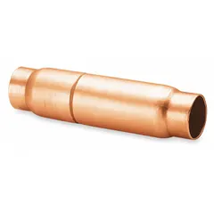 Spring-loaded ball check valve constructed of copper with 1/2 in connections and a 2 7/8 in cut out. Designed for one-directional flow control in refrigerant systems, preventing backflow to protect compressors and components.