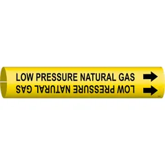 Snap-on pipe marker for identifying low-pressure natural gas lines. Yellow background with black legend and directional arrows. Fits pipe outer diameters from 2-1/2 to 3-7/8 inches. Designed for quick installation without tools in industrial piping systems.