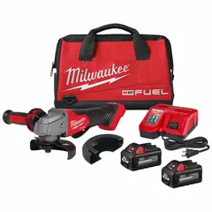 This 18V DC brushless angle grinder kit includes two 6.0 Ah batteries. It features a standard head and adjustable guard, accepting 5 in or 4 1/2 in wheels. Used for cutting, grinding, and surface preparation on metal and masonry in construction, fabrication, and maintenance.