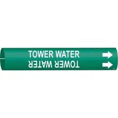 Pipe marker for identifying tower water piping. Green background with white legend and directional arrows. Fits pipe outer diameters of 4 to 6 inches. Snap-on design for quick installation without tools.