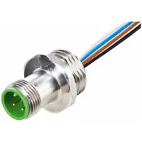 M12 male front mounting receptacle with A-coding and 8 pins, designed for signal and low-power applications. Features a 0.2 m wire lead, IP69K and NEMA 3 ratings, PP cable jacket, and 0.25 sq mm wire size. Suitable for use in wet or sanitary industrial environments requiring high-pressure washdown resistance