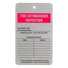 White rectangular tag made of laminated embossable aluminum, measuring 3 inches wide by 5 inches high. Suitable for indoor use to identify fire extinguishers, alarms, or emergency shutoffs. Supplied in a 25-pack.