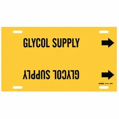 Yellow pipe marker with black legend reading 'Glycol Supply' and directional arrows. Fits pipe outer diameters of 8 to 9-7/8 inches. Used to identify glycol supply lines in industrial piping systems such as HVAC, refrigeration, and process plants.