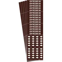 Adhesive pipe marker with brown background and white legend reading 'Low Pressure Gas', including directional arrows. Designed for pipes with outer diameter of 3/4 inch and smaller. Each pack contains 5 markers. Used to identify low-pressure gas lines in piping systems