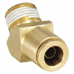 Brass adapter elbow with push-to-connect on one end and 1/2 in NPTF female thread on the other. Connects 3/4 in OD tubing to threaded ports in air brake and pneumatic systems.