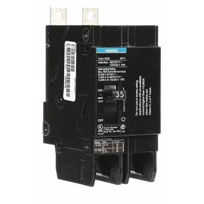 SIEMENS Miniature Circuit Breaker: 35 A Amps, 480V AC, 2 Poles - BQD Series, Bolt-On Siemens Miniature Circuit Breakers