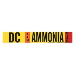 Ammonia adhesive pipe marker for industrial piping identification. Marked DC for discharge line, LIQ phase, High pressure level. Fits pipe O.D. 2-1/2 to 7-7/8 in. Supplied as 1 marker without arrows.