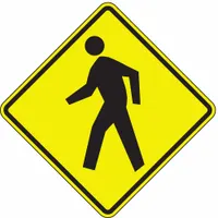 30 in x 30 in nominal size, 0.08 in thick aluminum sign with yellow-green Diamond-grade retroreflective sheeting. Complies with MUTCD Code W11-2 for pedestrian crossing applications. Used to alert drivers in crosswalks, school zones, and roadways