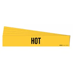 Yellow adhesive pipe marker with black legend reading 'Hot', designed for pipes with outer diameter of 8 inches and larger. Each pack contains 5 markers. Used to identify hot piping in industrial facilities to warn personnel of high-temperature surfaces.