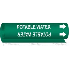 Green wrap-around pipe marker with white legend reading 'Potable Water' and directional arrows. Fits pipe outer diameters from 2-1/2 to 7-7/8 inches. Used to identify potable water lines in piping systems.
