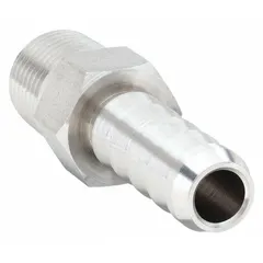 Stainless steel barbed tube fitting adapter with 1/4 inch tube inside diameter and 1/4 inch NPT male pipe thread. Used to connect flexible tubing to threaded ports in pneumatic, hydraulic, and fluid transfer systems requiring corrosion resistance.